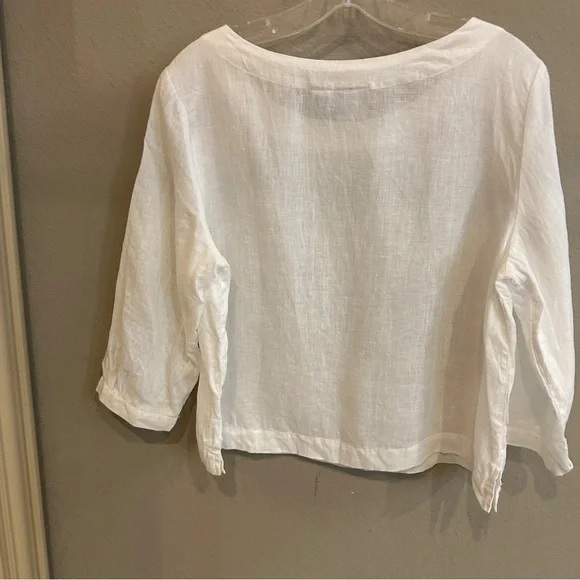 Halston White Linen Blouse Top 3/4 Sleeve Minimalist Summer US M - Picture 5 of 7
